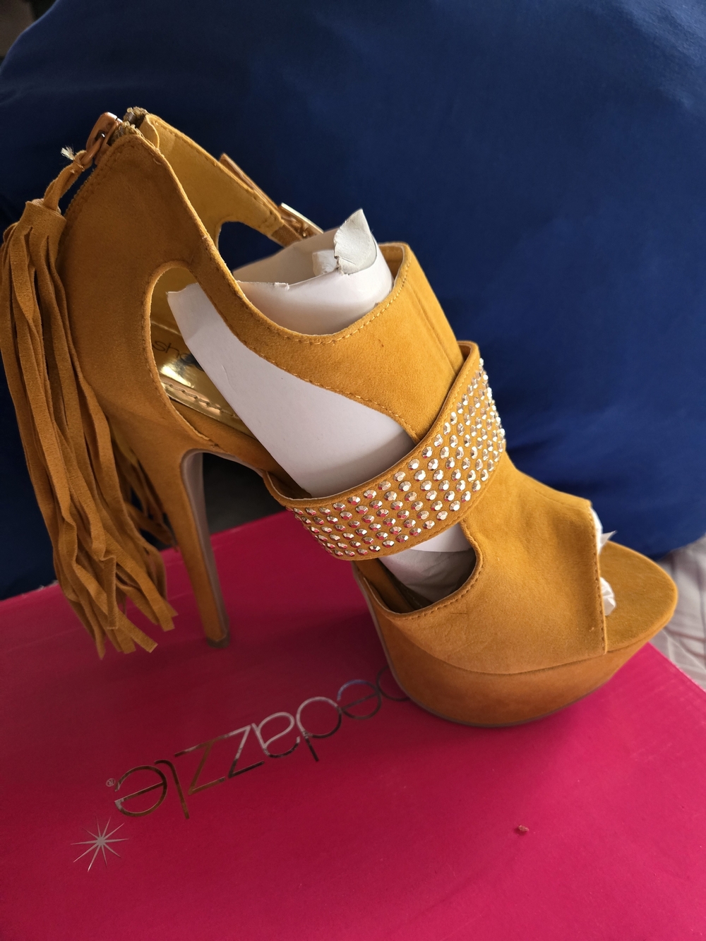 Shoe Dazzle Mustard Suede Fringe Platform Sandals with Studded Strap